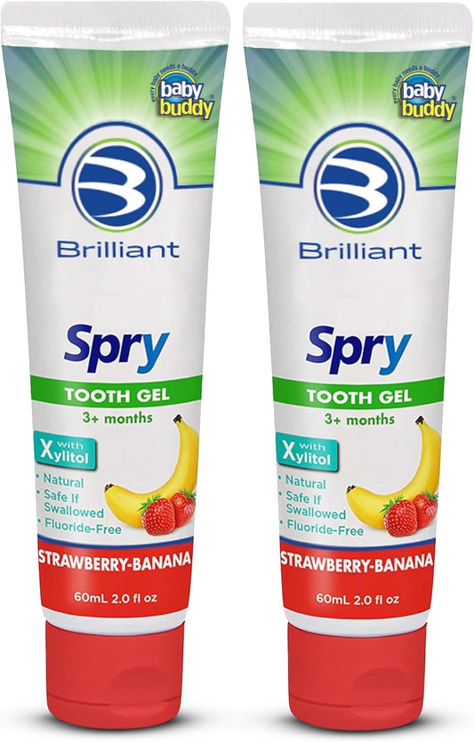 Brilliant Oral Care Kids Fluoride Free Toothpaste, Spry Gel with Xylitol, Strawberry Banana Flavor for Ages 3+ Months, 2 fl oz, 2 Pack