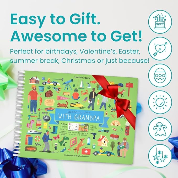 Sticker Book for Kids 2-4, 500+ Kids Stickers, Spending Time with Grandpa by Cupkin, 12 Coloring Pages, 12 Scenes, Fun Toddler Travel Activity Coloring and Sticker Books for Children Ages 4-8 + 8-10