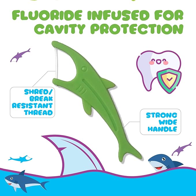 Kids Flossers with Fluoride, Unflavored Floss Picks, Fun Floss with Colorful Shark Shapes. Enhanced Cavity Protection, 225 Count (3 Pack) Children's Flossers. Dentists Designed and Backed by Science