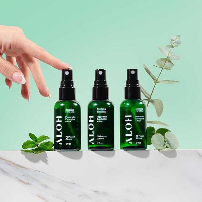ALŌH Sanitizing Hand Mist 3-pack | Peppermint Eucalyptus + Aloe | 70% Alcohol Hydrating Hand Sanitizer Spray with Essential Oil, for Kids & Adults | 2oz Travel Size Bottle (Set of 3)