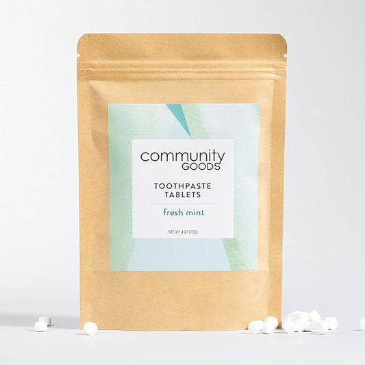 Fresh Mint Toothpaste Tabs (Community Goods Fresh Mint Toothpaste Tablets with Nano Hydroxyapatite | Naturally Whitens, Fluoride-Free, Cruelty-Free, Vegan | Kraft Pouch with 248 tabs, 4 Month Supply)