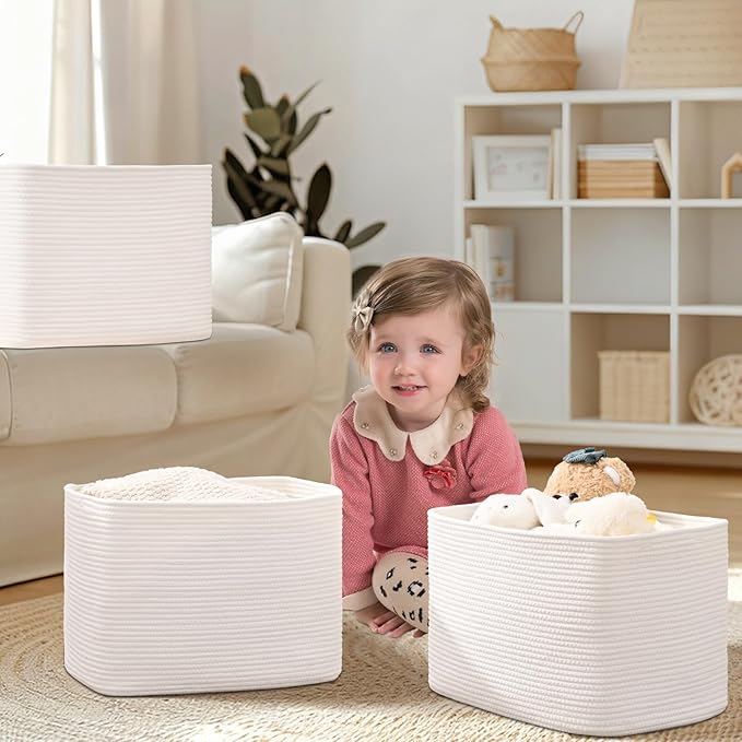 3 Pack Cube Storage Bin, 17”x12”x12” Cotton Rope Woven Baskets for Organizing Toys Clothes Towels, Square Gift Storage Baskets for Shelf, Nursery, Closet, Bathroom, Pantry (White)