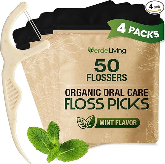 Biodegradable Floss Picks (200-Pack) - Eco-Friendly Plant-Based Dental Flossers for Tight Teeth - Plastic-Free, Mint Flavored, Ergonomic Design for Sensitive Gums