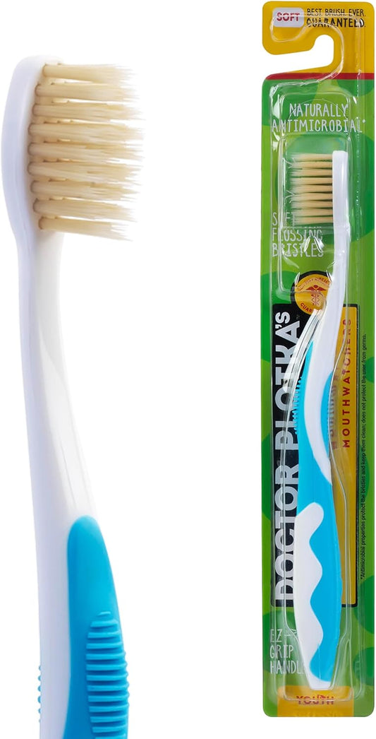 MOUTHWATCHERS Soft Flossing Toothbrushes for Kids, Blue, Ultra Clean Manual Toothbrush for Sensitive Teeth & Gums, by Dr. Plotka