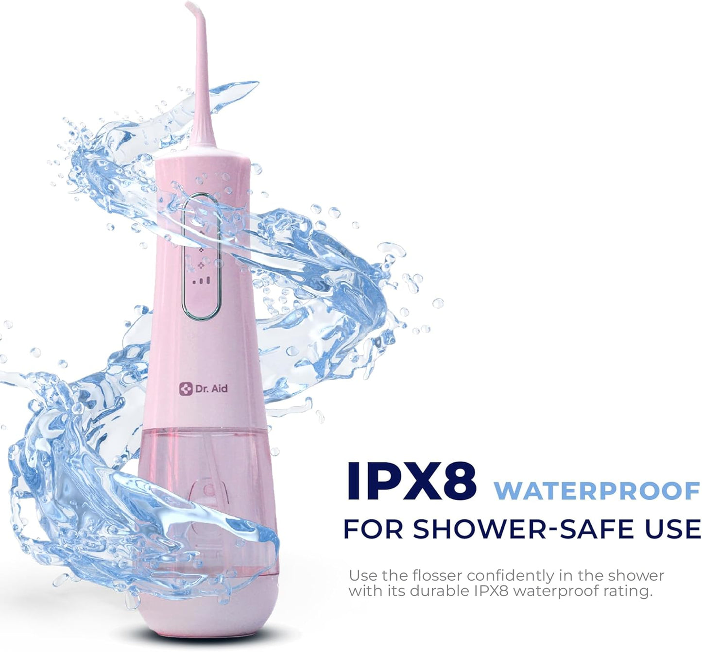 Dr. Aid Dental Water Flosser – Portable Oral Irrigator – 12Oz Tank, Water Filter, 5 Tips, Type C Charger – IPX8 Waterproof Cordless Water Flosser, Ideal Water Flossers for Teeth, Gums, Braces (Pink)