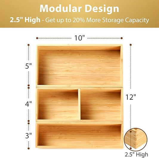 Umilife Drawer Organizer Storage Boxes, 2.5" High Bamboo Drawer Dividers, 3 Rearrangeable Bins for Kitchen, Office Desktop, Clothing, Makeup, vanity, Jewelry