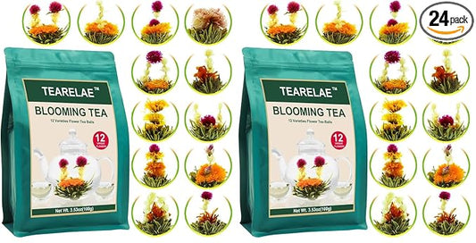 TEARELAE Blooming Tea Flowers - 12pcs Individually Sealed Flowering Balls - Hand-Tied Natural Green Tea Leaves & Edible Flowers - Gifts For Lovers (Pack of 2)