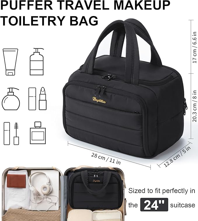 Travel Toiletry Bag, Lightweight Wide-open Large Puffy Toiletry Bag for Women, Quilted Makeup Bag Organizer Water-resistant Cosmetic Bag with Handle for Toiletries, Essentials, Accessories