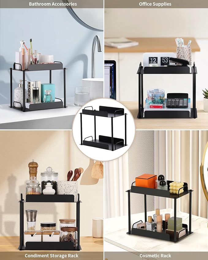 KATHY&BOB Bathroom Countertop Organizer, Make-up Desk Organization, Dressing Shelf Desktop Storage for Bathroom Cosmetic Dorm Kitchen Living Room, Multipurpose Cubicle Display Rack (Black, 2 Tiers)