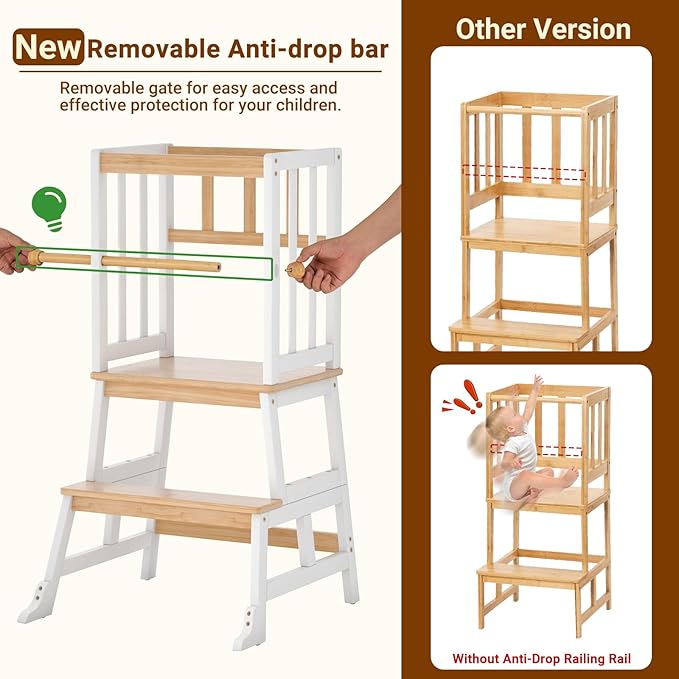 COSYLAND Kids Kitchen Step Stool, Toddler Standing Tower with CPC Certification, Removable Anti-Drop Railing Enjoys Unique Patented Design A Anti-tip Stable Structure 1.5-3 Years Natural & White