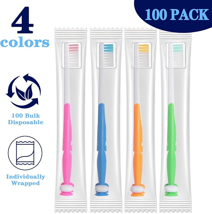 Newday 100 Pack Kids Toothbrush Bulk Soft Bristles Toddler Cute Toothbrush with Suction Cup, Includes Travel Covers, Individually Wrapped Toothbrushes for Kid Home School Daycare Camp (Shark)