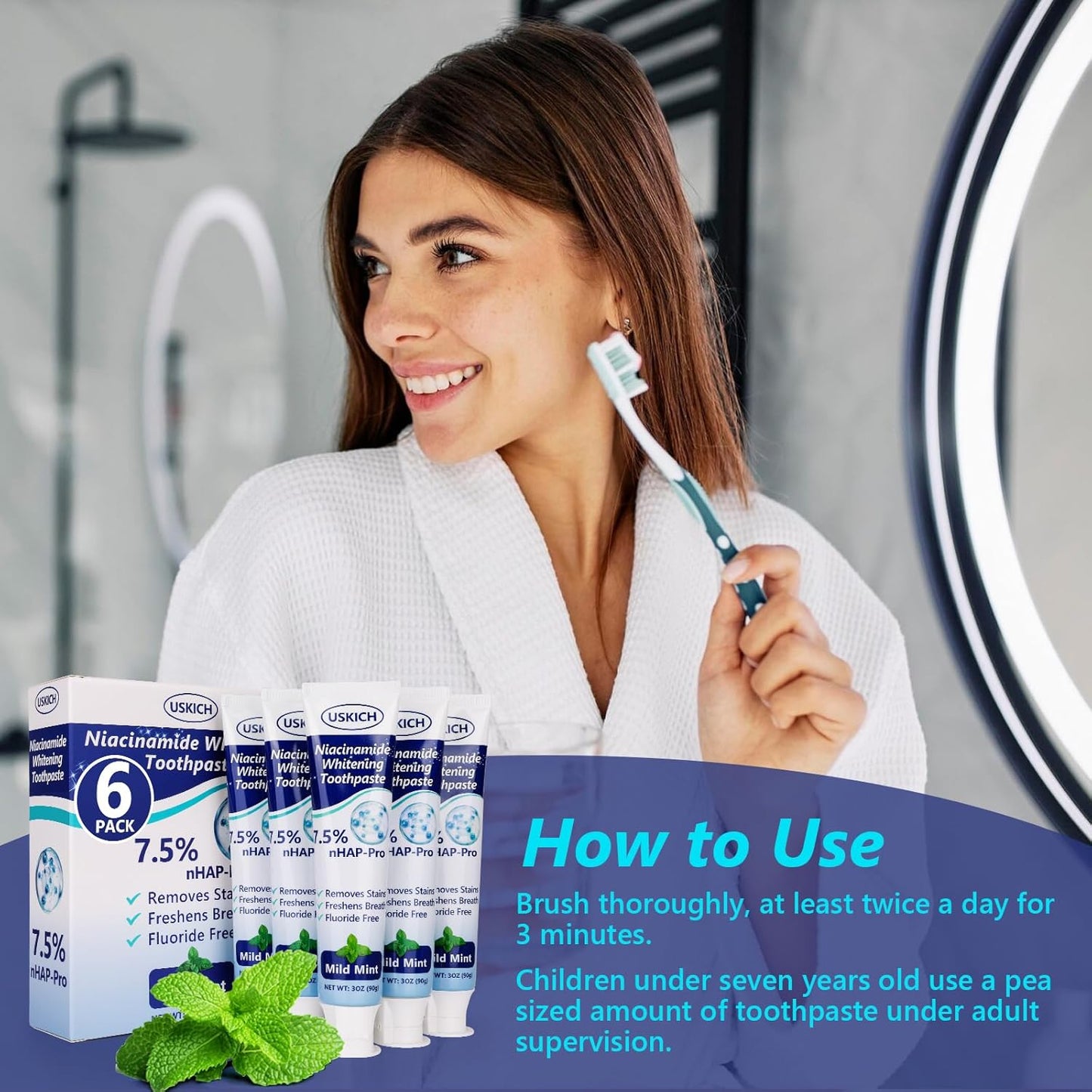 7.5% Nano Hydroxyapatite Toothpaste,6 Pack Fresh Breath Whitening Toothpaste for Remineralizing Enamel & Sensitive Relief,Antiplaque,Natural Peppermint,Fluoride-Free