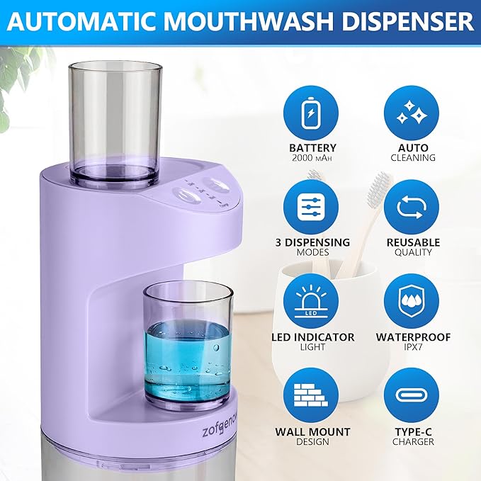 Automatic Mouthwash Dispenser for Bathroom,Bathroom Accessories 19.4 Fl Oz Dispensers with Magnetic Cups,Wall Mounted Dispenser,Suitable for All Age Groups,Purple