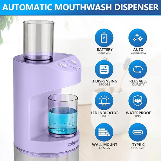 Automatic Mouthwash Dispenser for Bathroom,Bathroom Accessories 19.4 Fl Oz Dispensers with Magnetic Cups,Wall Mounted Dispenser,Suitable for All Age Groups,Purple