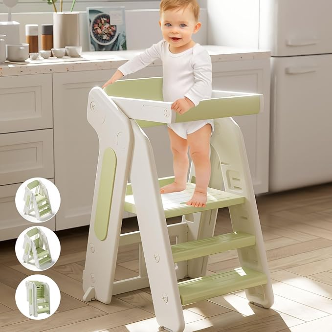 Toddler Tower Kitchen Stool Helper,Foldable/Adjustable Height Kids StandingTower Stool W/CPC Certification,for Kitchen Counter Bathroom Sink Cooking Child Ladder for Toddlers W/Safty Rail(Green White)