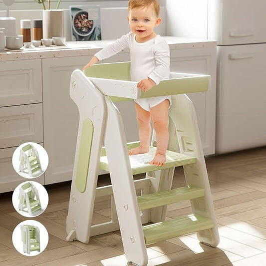 Toddler Tower Kitchen Stool Helper,Foldable/Adjustable Height Kids StandingTower Stool W/CPC Certification,for Kitchen Counter Bathroom Sink Cooking Child Ladder for Toddlers W/Safty Rail(Green White)