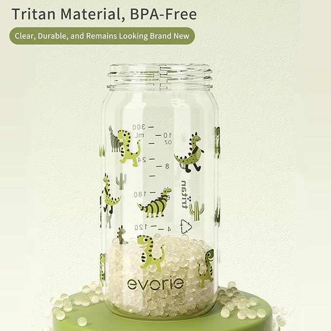 Evorie Tritan Spill Proof Toddler Straw Sippy Cup, 10 oz for Baby and Toddlers 1-3 Years Old, No Spill Straw Water Bottle with Removable Handles, Ideal for School, BPA-Free, Green Dino (NEW)