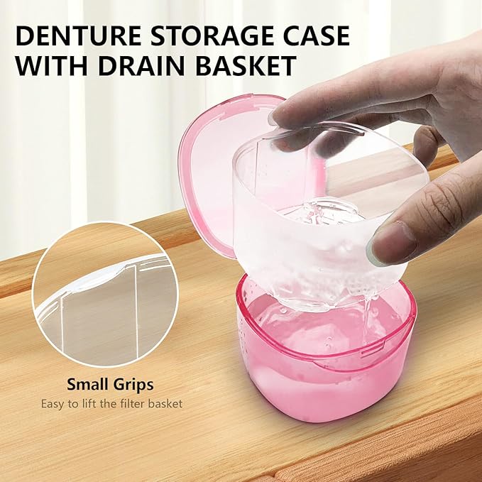 Travel Denture Case Denture Soaking Container with Brush, Denture Cleaning Case Retainer Bath Box Case False Teeth Container - Leak Proof & Lid Waterproof - Transparent Pink