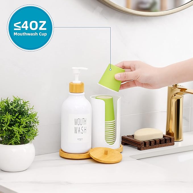 VITVITI Mouthwash Dispenser for Bathroom, Mouth Wash Pump Bottle with Paper Cup Holder, 17Oz Refillable White Mouthwash Container with Bamboo Lid/Tray/Label