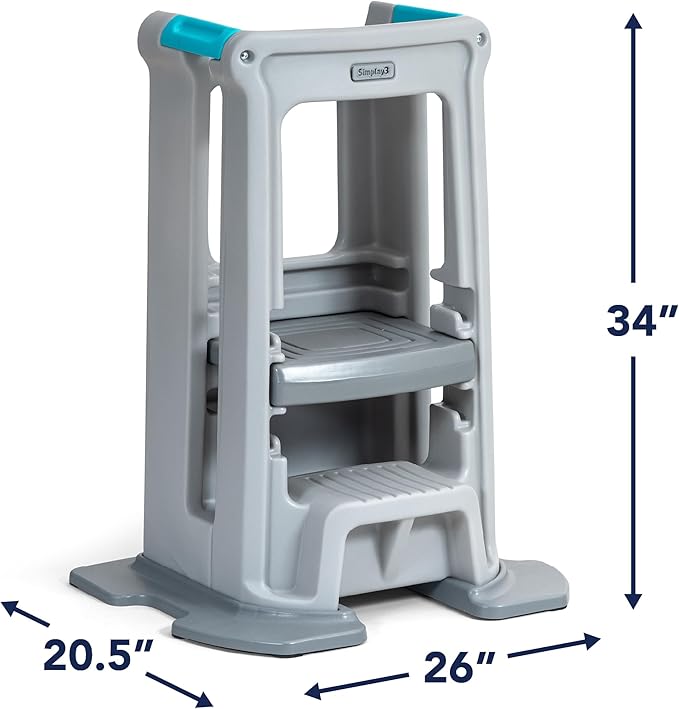 Simplay3 Toddler Tower Montessori Standing Kitchen Step Stool with Sturdy Stabilizing Base and Adjustable Platform, 20.5" D x 26" W x 34.5" H, Ages 18 Months to 5 Years, Gray