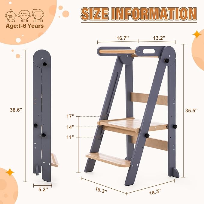 Foldable Toddler Kitchen Stool Helper - Adjustable Height Folding Toddler Standing Tower, Kids Helper Stool with Safty Rail for Kitchen Counter Bathroom (Grey)