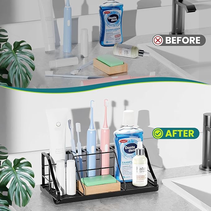 Bathroom Countertop Organizer - Detachable 7 Slots Kids Electric Black Toothbrush and Toothpaste Holder Drainage Tray for Bathroom Accessories Organization Counter Vanity Sink Storage