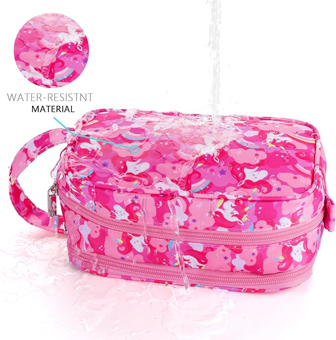 Unicorn Kids Toiletry Bag for Girls, Travel Toiletry Bag for Little Young Girls Cosmetic Bag Makeup Bag Waterproof Hanging Wash Bag Toddler Toiletries, Pink