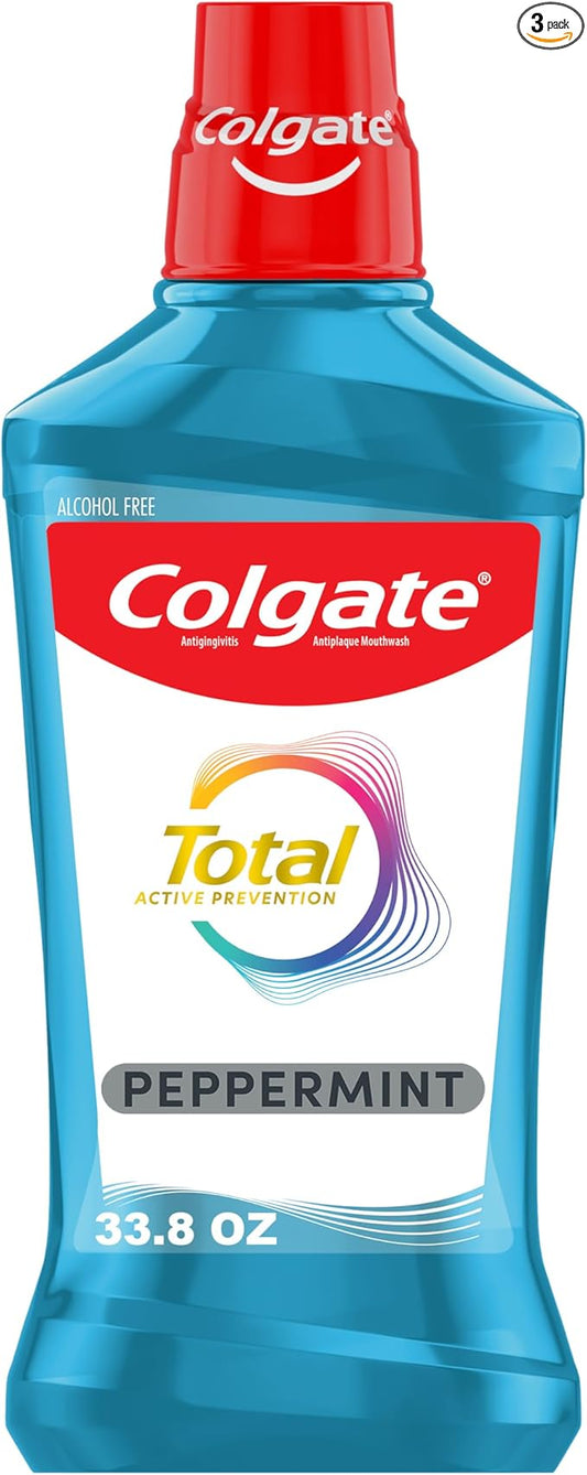 Colgate Total Alcohol Free Mouthwash, Peppermint for Bad Breath, Helps Prevent Gingivitis and Plaque, 3 Pack, 33.8 Oz Each