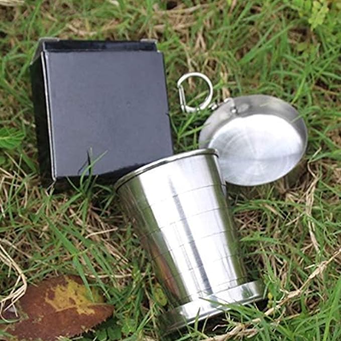 Outdoor Travel Collapsible Cup, Stainless Steel Folding Camping Cup, Portable Drinking Mug With Keychain for Hiking and Picnic (450ML)