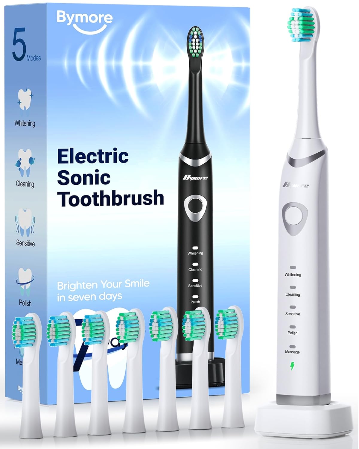 Bymore Electric Toothbrush for Adults,Electric Toothbrush,Travel Sonic Toothbrush with 8 Replacement Heads,Ultra Soft RechargeableToothbrush - Pure White