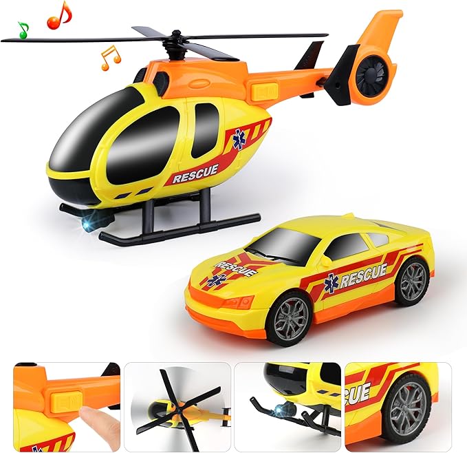 Dwi Dowellin Tow Truck Toy for Kids,25.6" Semi Truck Toy with Racing Car and Helicopter, Semi-Trailer with Lights & Sounds,Birthday Gift for 2 3 4 5 Years Old Boys and Girls