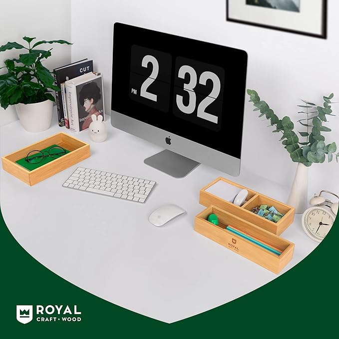 ROYAL CRAFT WOOD Luxury Bamboo Drawer Organizer Storage Box, Bin Set - Multi-Use Drawer Organizer for Kitchen, Bathroom, Office Desk, Makeup, Jewelry (3 Boxes)