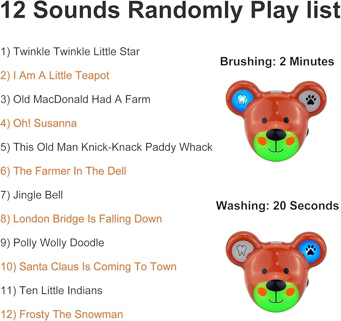 Musical Timer for Kids, Rechargeable Battery 2 Minute Toothbrush Timer and 20 Seconds Bathroom Hand Wash Timers with LED Color Light, 3 Volume Options Musical Timers for Bathroom