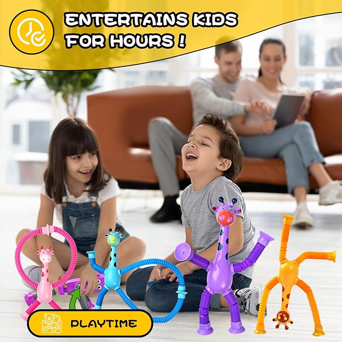 Christmas Stocking Stuffer Gift for Toddler Girls Year Old Ages 2 3 4 5 6 7 8, Giraffe Sensory Toys 4Pcs Suction Autism Toy Pop Tube Fidget Toys Autistic Travel Toys Easter Basket Valentine for Kids