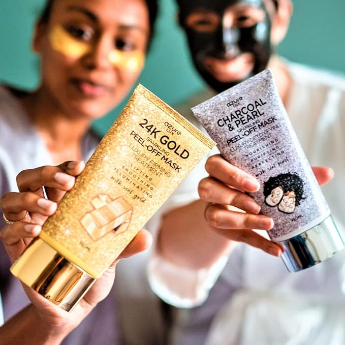 AZURE Sparkling Peel-Off Masks Bundle - Rose Gold Hydrating Peel-Off Mask - 24K Gold Firming Peel-Off Mask - Charcoal & Pearl Anti-Aging Skincare - 150 ml / 5.07 fl.oz
