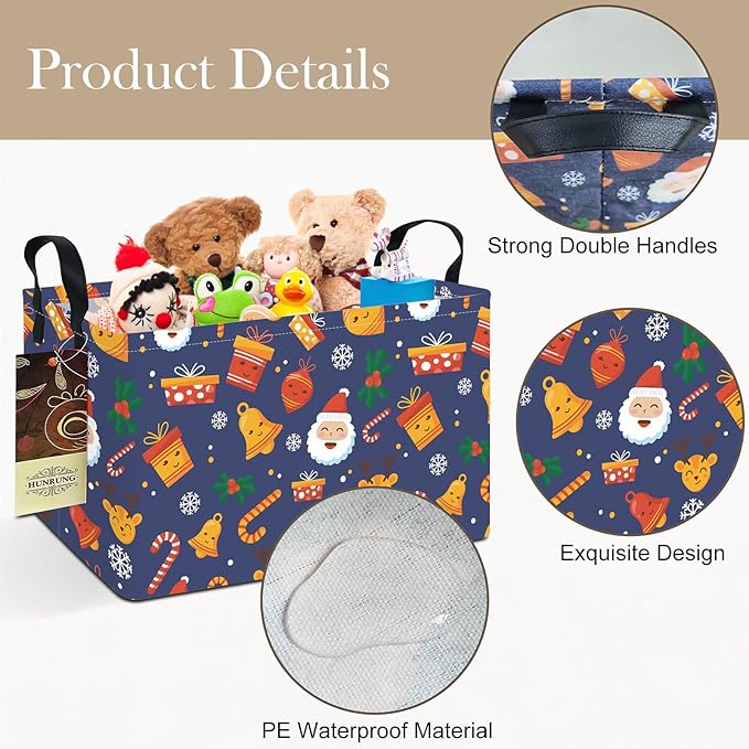 HUNRUNG Rectangle Storage Basket Cute Canvas Organizer Bin for Pet/Children Toys, Books, Clothes Perfect for Rooms/Playroom(REC-Blue Christmas Bell)