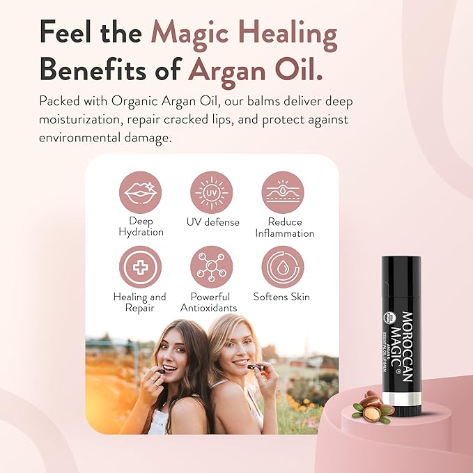 Moroccan Magic Organic Peppermint Eucalyptus Lip Balm 3 Pack | Ultra-Hydrating Argan & Essential Oil Lip Moisturizer + Vitamin E | Natural Mint Chapstick for Dry Lips | Non-Toxic | Organic Lip Balm