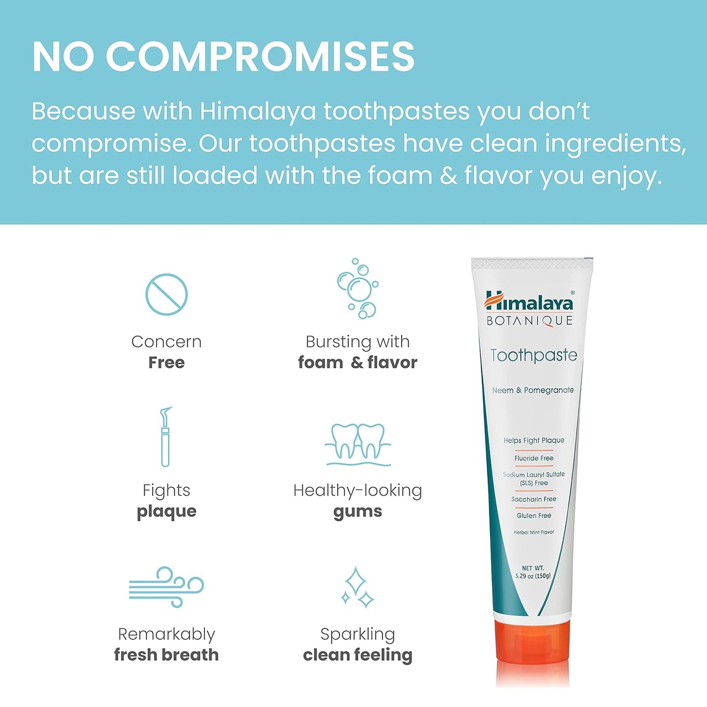 Himalaya Botanique Neem & Pomegranate Toothpaste, Mint Flavor - Fluoride Free Toothpaste Fights Plaque & for Fresh Breath - Vegan, Gluten Free, No SLS, No Artificial Flavors or Colors, 5.29 oz