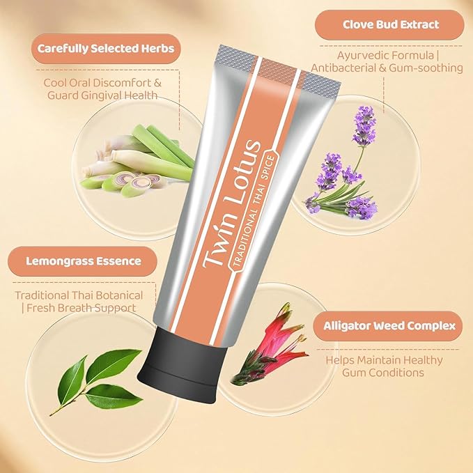 Twin Lotus Natural Herbal Thai Flavor Toothpaste, Fluoride Free,Non GMO,Nature Curcumin Clove Toothpaste,Improve Oral Health Remove Tartar,3.52oz 3 PKs