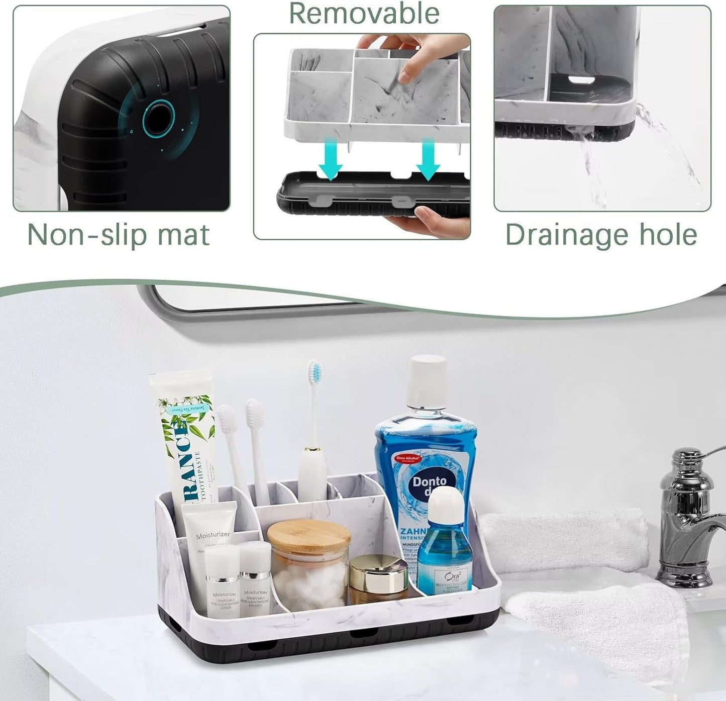 Marble Bathroom Countertop Organizer - Detachable 7 Slots Kids Electric Toothbrush and Toothpaste Holde Drainage for Bathroom Accessories Organization Counter Vanity Storage, Black