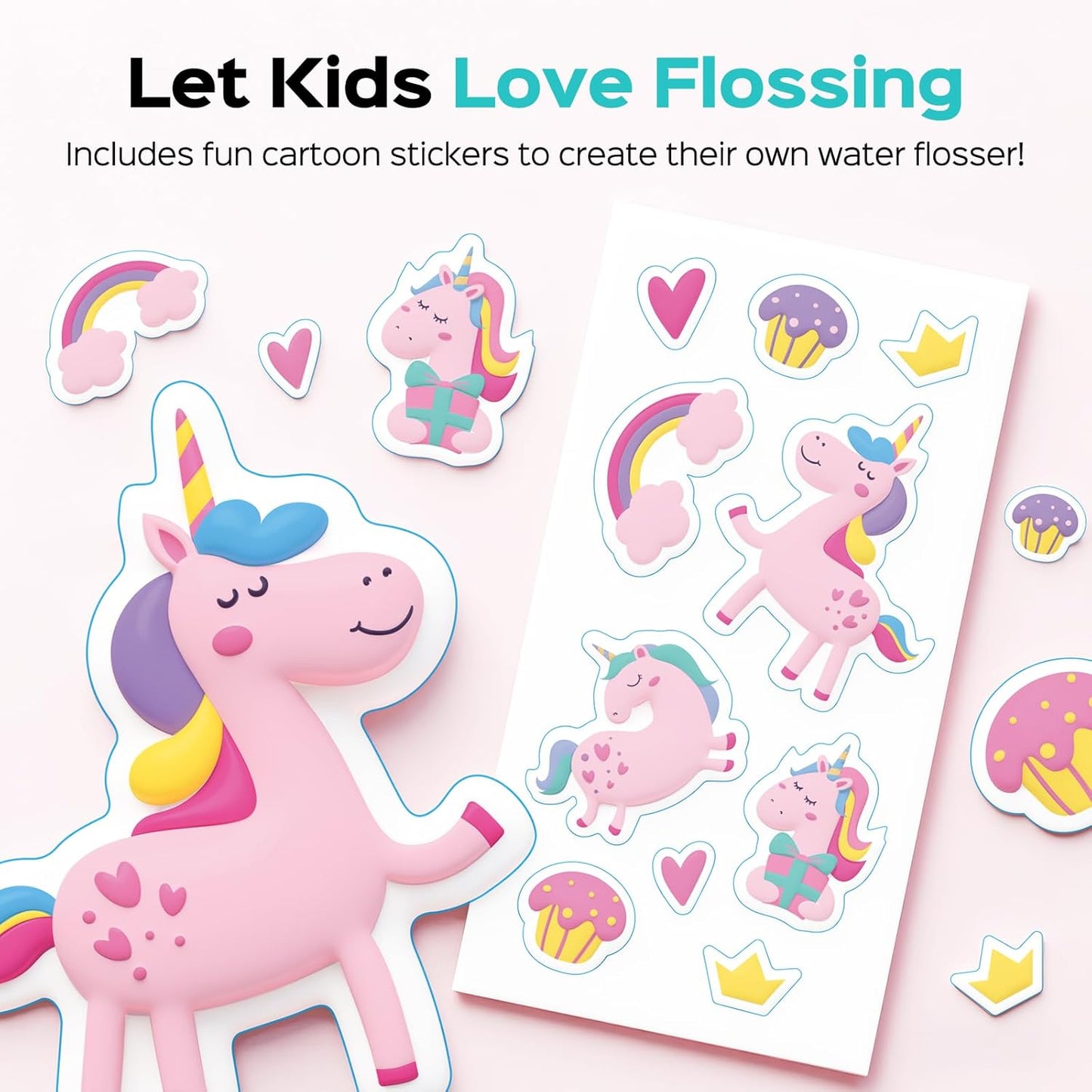 COSLUS Portable Water Flosser for Kids: 4 Gentle Modes for Ages 6+, Braces & Sensitive Teeth - with Fun DIY Stickers, 4 Storable Nozzles, Mini Compact for Home School & Travel Use, BPA-Free, Pink