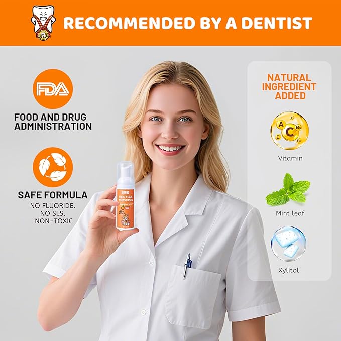 NOHOO Fluoride Free Foam Toothpaste Kids Fruit Flavour,Natural Training Toothpaste for Baby Toddler Children Oral Cleaning and Cavity Protection(2 Orange + 2 Watermelon)