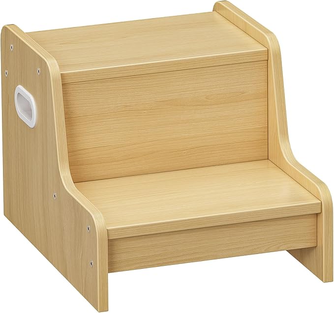 HOOBRO Step Stool for Kids, Two Step Toddler's Stool, Kids Potty Training Stool with Handles, Non-Slip Pads for Safety, Easy to Move, for Sink, Bathroom, Bedroom, Natural NL01JD01