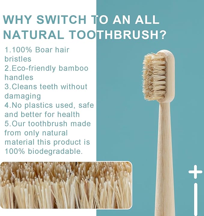 4 Pack Boar Bristles & Bamboo Toothbrush, Premium Natural Boar Bristle Toothbrushes for Adult, Plastic & Nylon Free, Fully Biodegradable Compostable Bamboo Tooth Brushes