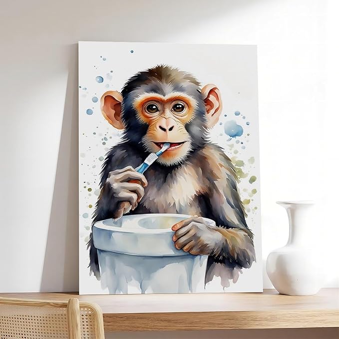 KIPNG Cheerful Monkey Hygiene_ Work of A Playful Dental Routine Poster Canvas Poster Bedroom Sports Landscape Office Room Gift Unframe-style20x30inch(50x75cm)