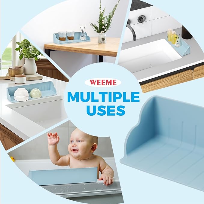 Bathtub Splash Guard, Silicone Bath Caddy Tray with 4 Suction Cups, Kids Toy Holder and Organizer Shelf for Toddler Tub Accessories (Blue)