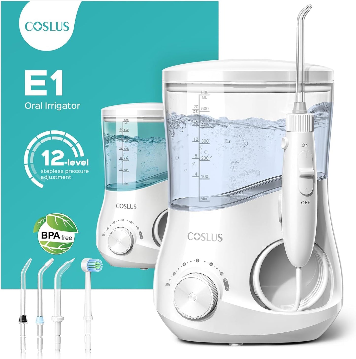 COSLUS Electric Water Flosser for Teeth: Professional Dental Pick for Orthodontic, Sensitive Gums, Braces - 12 Pressure Settings & 5 Multi-Functional Tips for Multiple Users, Home Use, White, E1