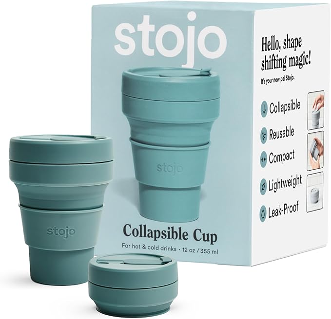 STOJO Collapsible Travel Cup - Reusable To-Go Pocket Size Silicone Bottle for Hot and Cold Drinks - Perfect for Camping - Microwave & Dishwasher Safe (Eucalyptus, 12 Ounce (Pack of 1) - No Straw)