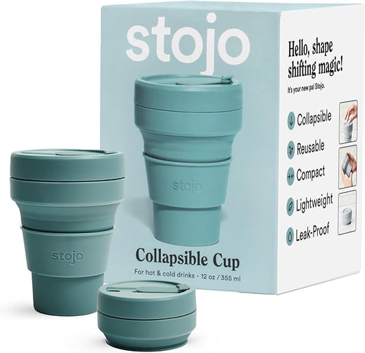 STOJO Collapsible Travel Cup - Reusable To-Go Pocket Size Silicone Bottle for Hot and Cold Drinks - Perfect for Camping - Microwave & Dishwasher Safe (Eucalyptus, 12 Ounce (Pack of 1) - No Straw)