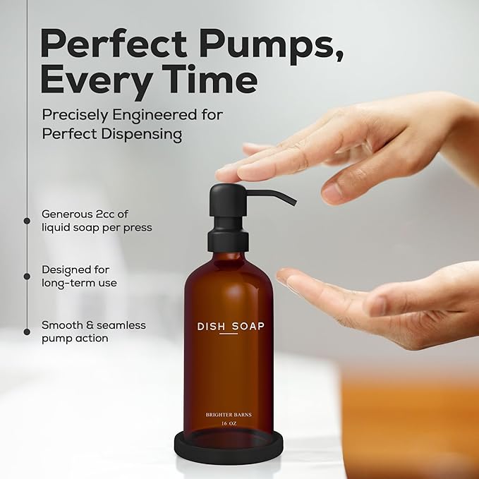 Amber Glass Dish Soap Dispenser for Kitchen Sink by Brighter Barns - Kitchen Soap Dispenser Set with Pump & Tray - Refillable Glass Bottle for Liquid - Modern Home Decor for Airbnb, Restaurant (Amber)